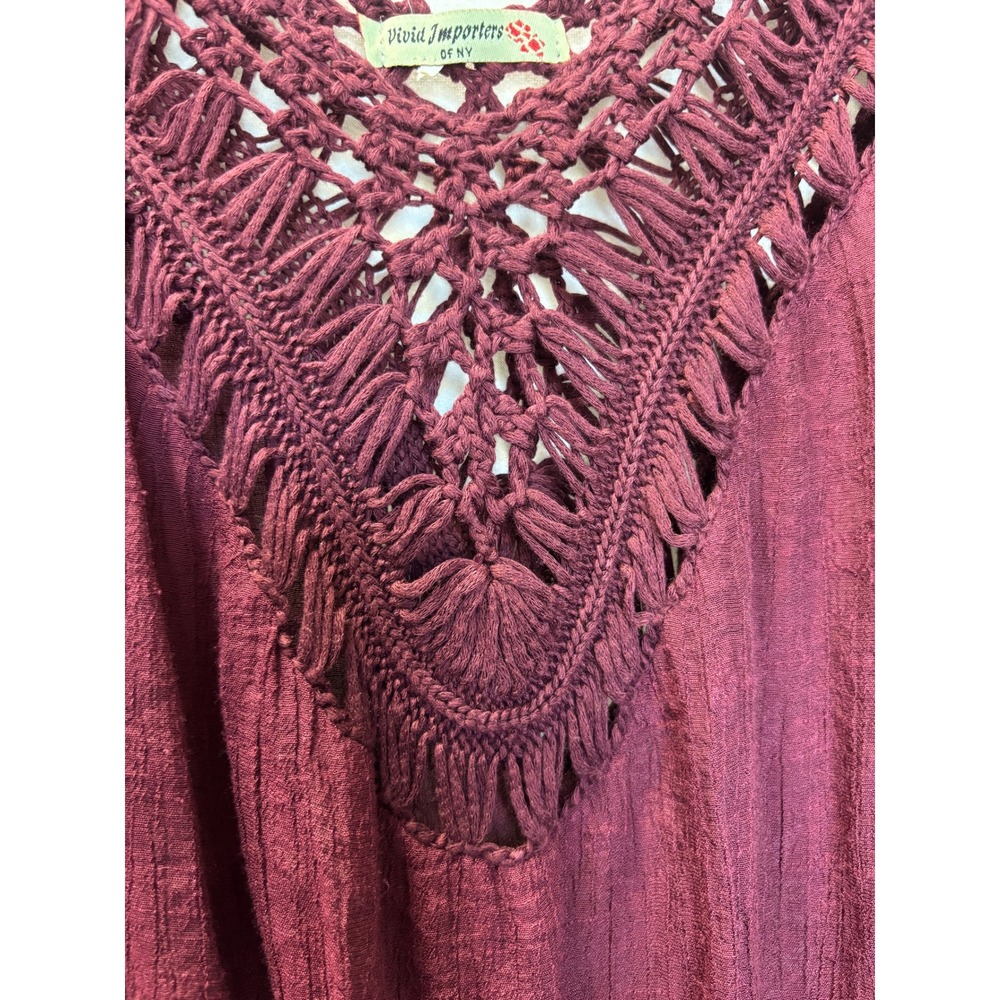 Vivid Importers Crochet Trim Tunic Top Handkerchief Hem Boho Resort Burgundy - Picture 4 of 6